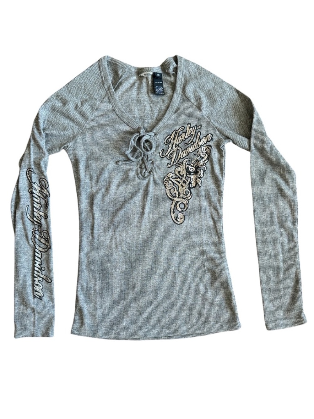 Harley Davidson Lace Up V-Neck Y2K Style Thermal